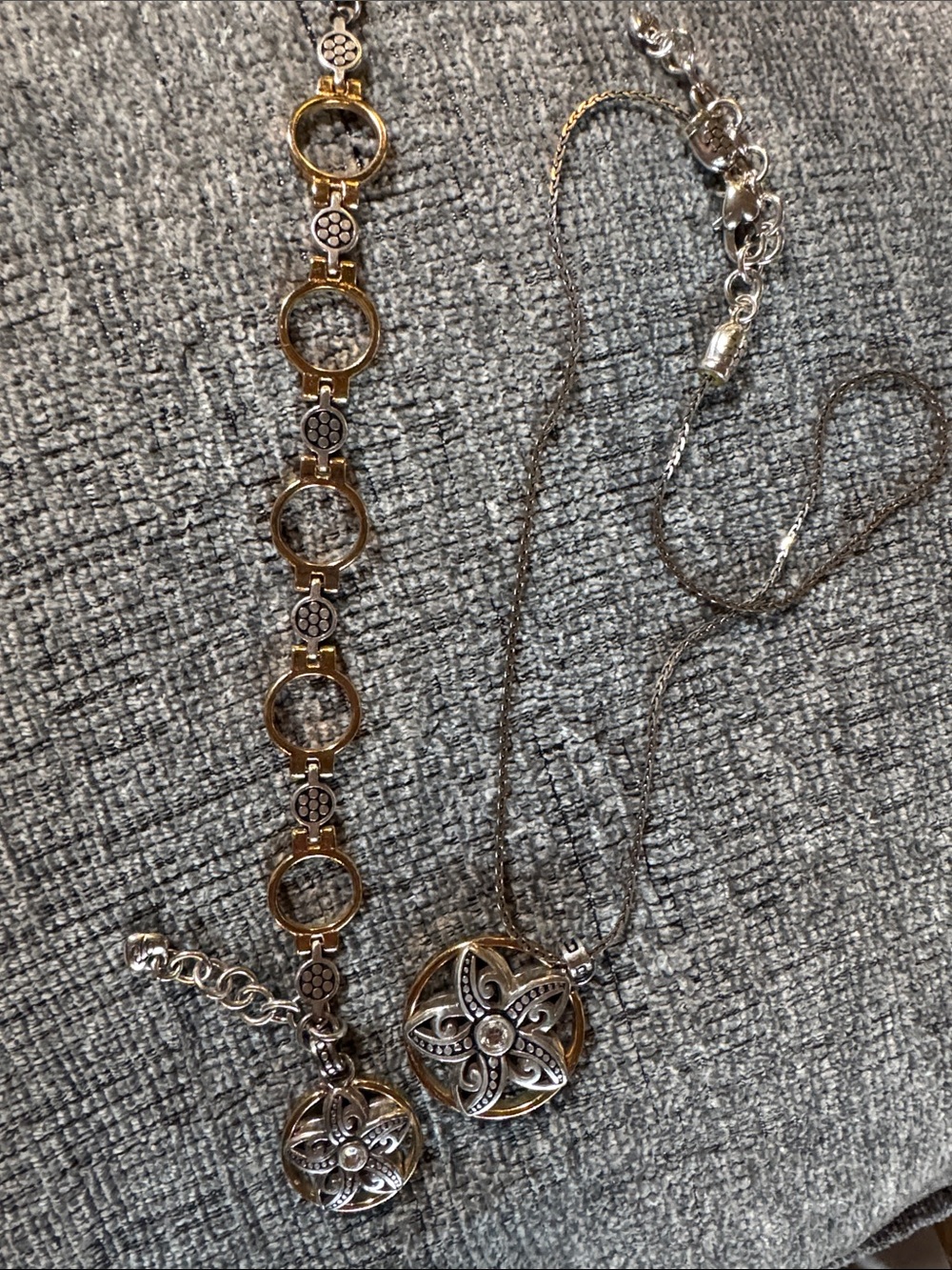 Brighton Vintage Silver & Gold Two-Tone /Crystal Floral Necklace & Bracelet Set